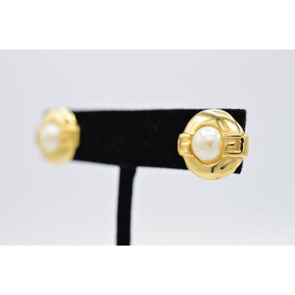 Givenchy Vintage Pearl Stud Earrings G GG Logo Gold Round Signed Post 1980s BinZ - Picture 2 of 12